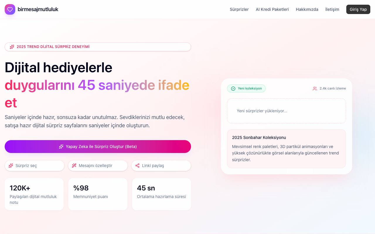Bir Mesaj Mutluluk web sitesinin ana sayfası