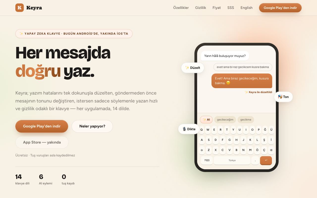Keyra AI Klavye web sitesinin ana sayfası
