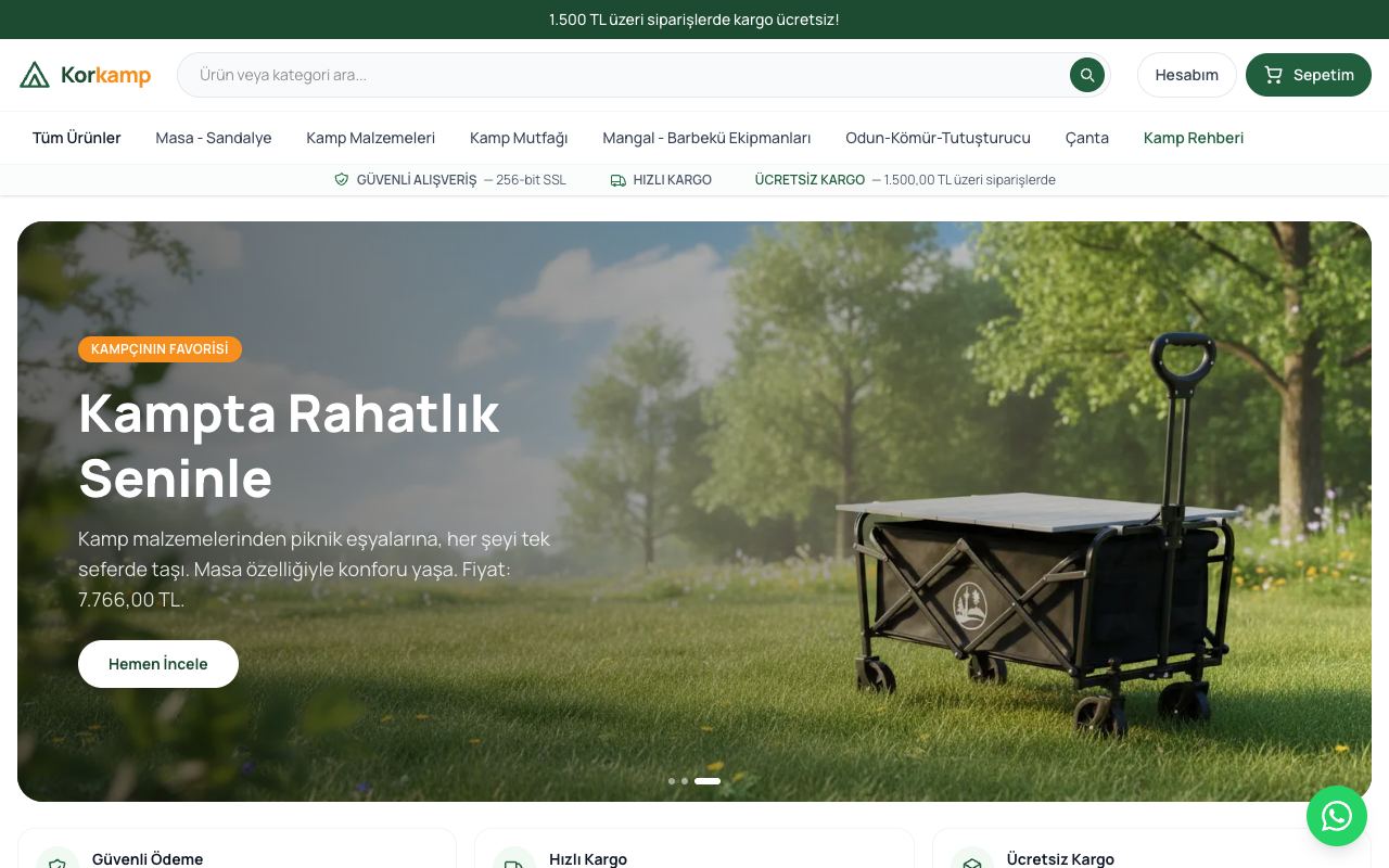Korkamp web sitesinin ana sayfası