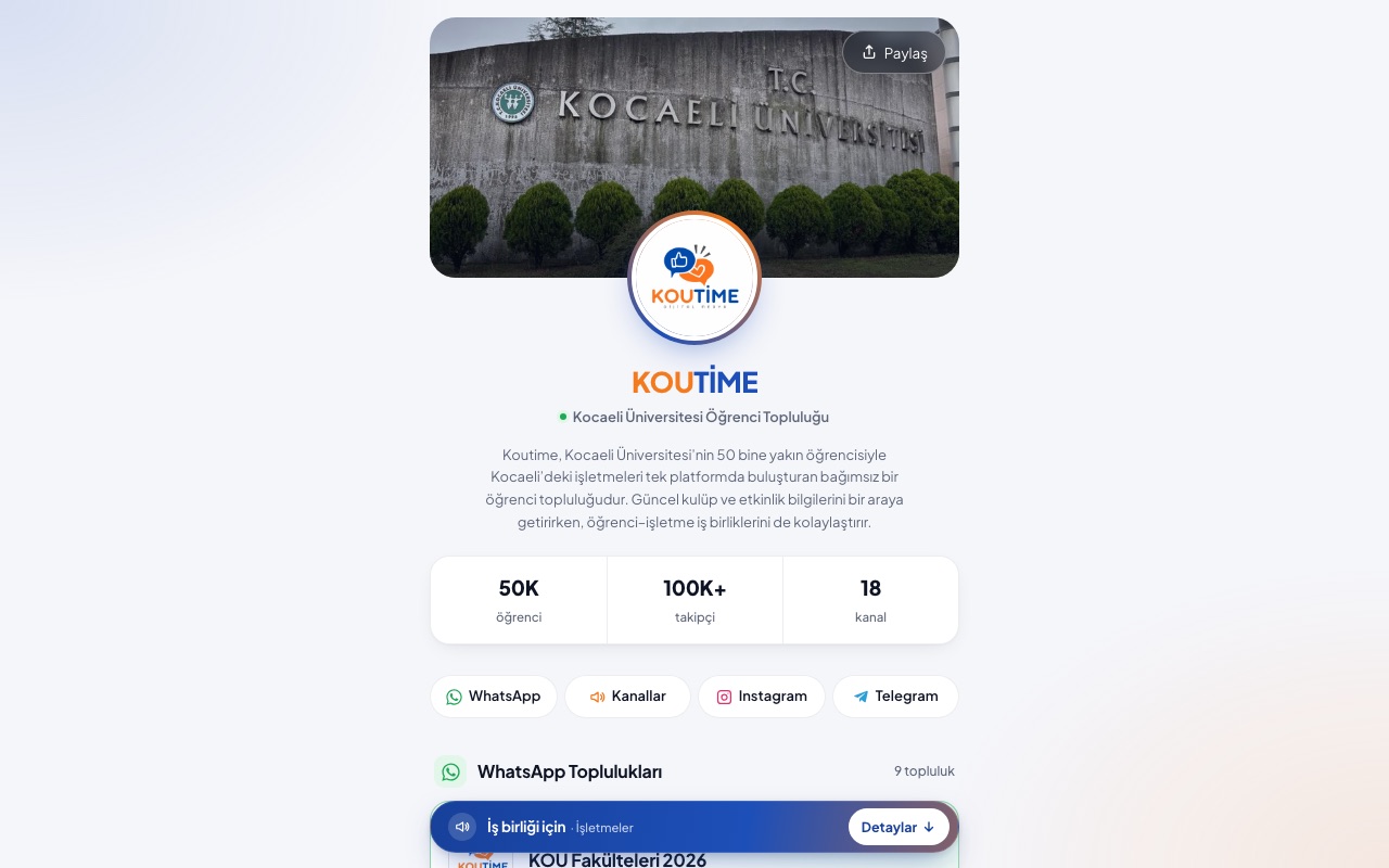 Koutime web sitesinin ana sayfası