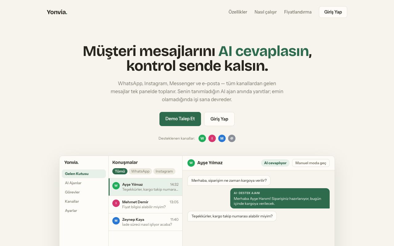 Yonvia web sitesinin ana sayfası